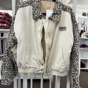 POL Corduroy Cream & Leopard Cropped Jacket Quilted Interior